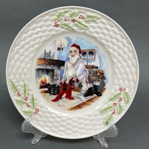 Belleek Salad Plate Enchanted Holly Berries Santa Christmas Basket‎ Weave Border